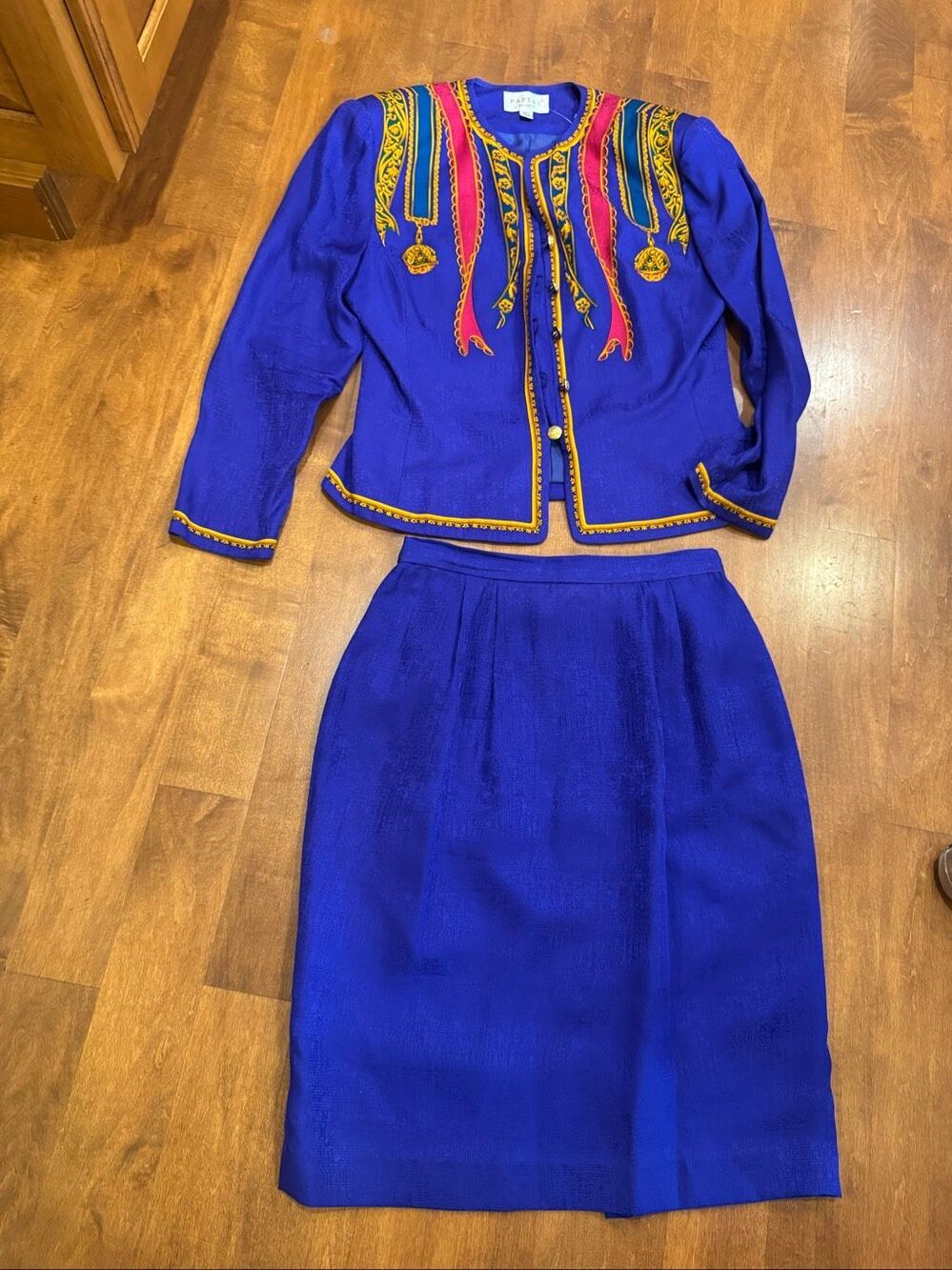 Vintage Papell Petites 100% Silk Skirt Suit Sz 8/6 Purple Baroque 2 Pc